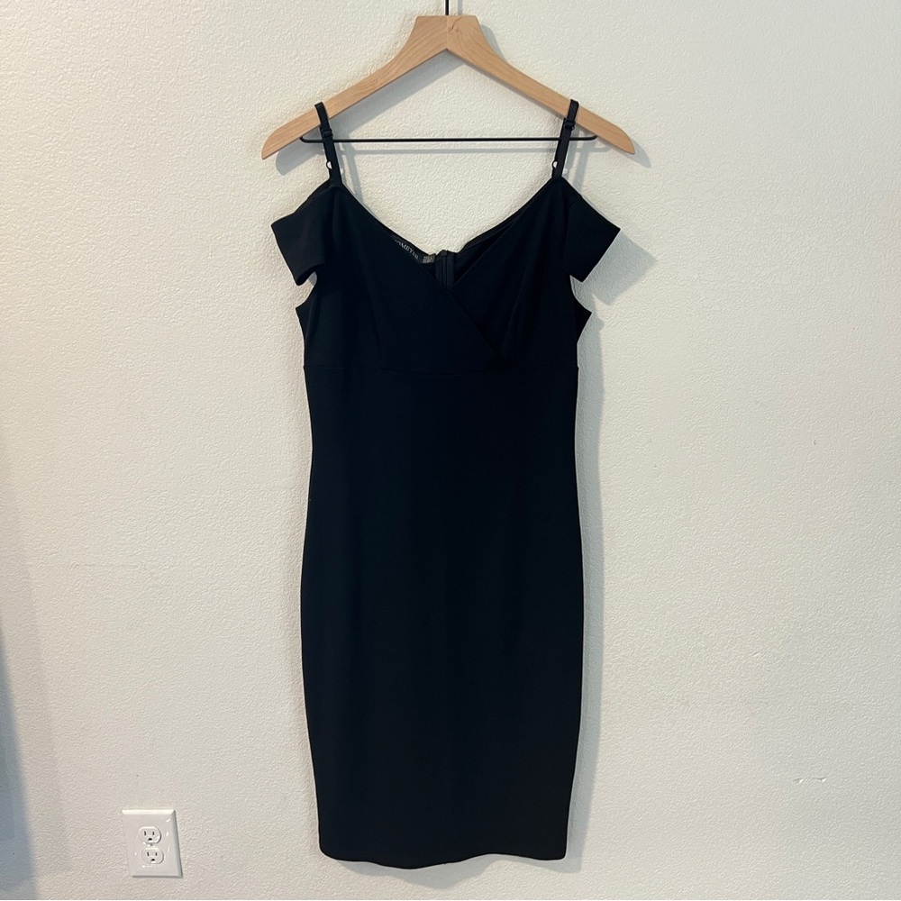 Homeyee Elegant Black Stretch Off-Shoulder‎ V-Neck Midi Sheath Dress Size 8